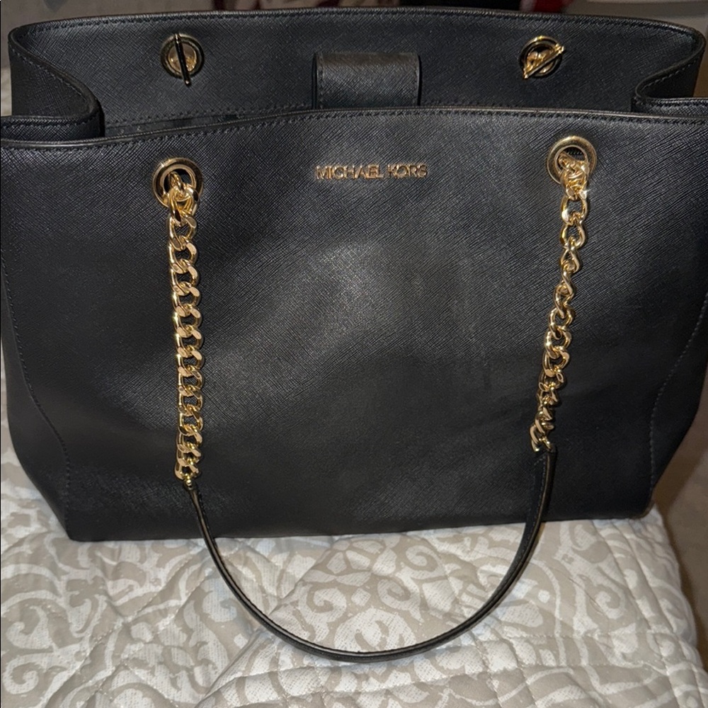 Michael Kors Black and Gold Shoulder Bag with Chain Accents